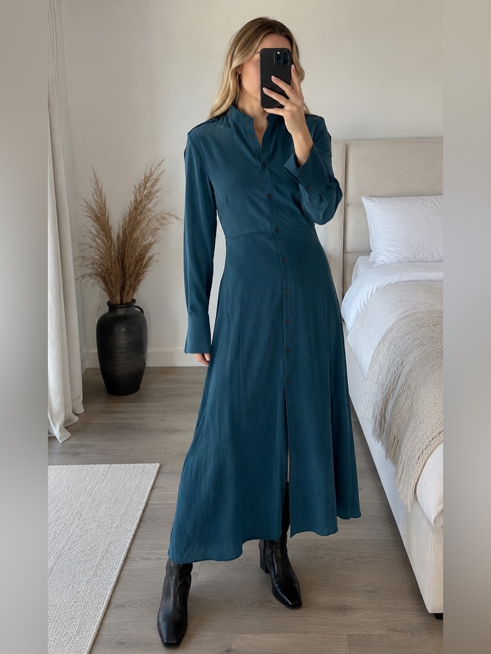 Equipment Femme Silk Button Front Maxi Dress Teal Long Sleeve Minimalist S